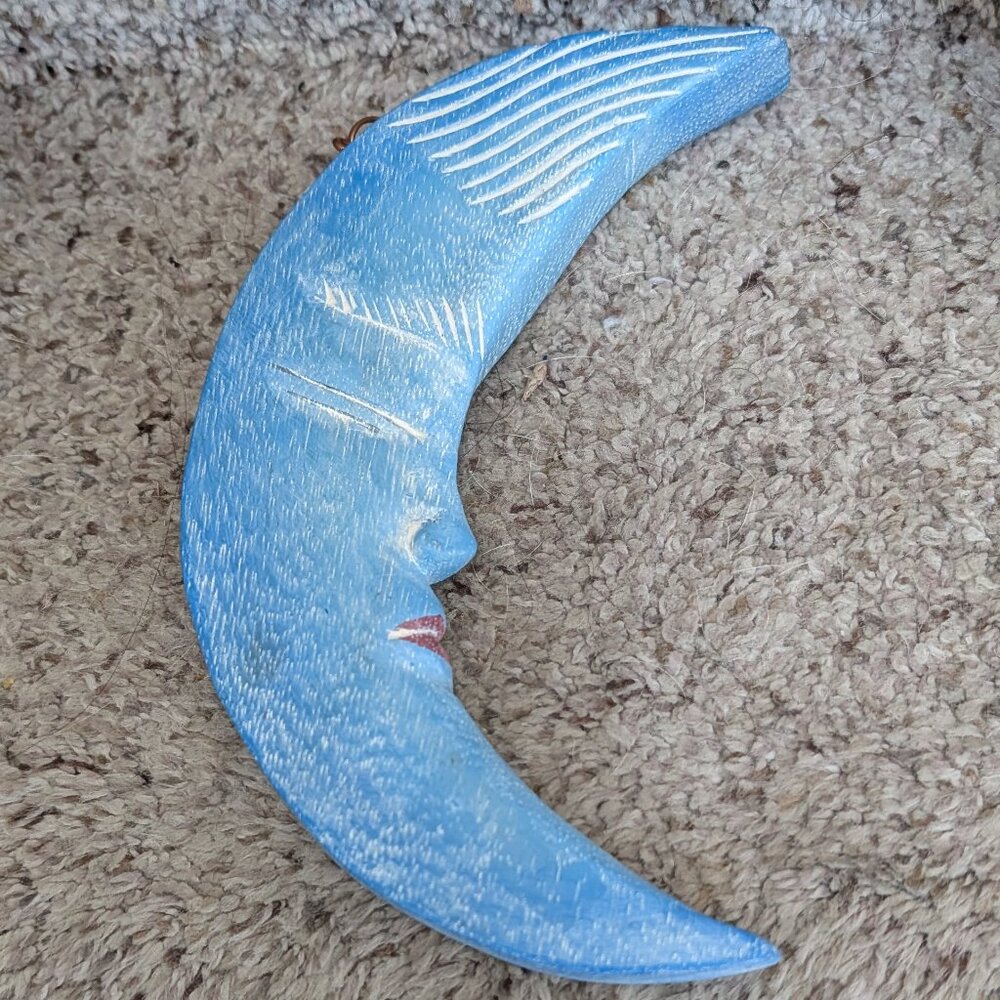 Vintage Handcrafted Thai Wood Moon & Stars – Smiling Crescent Décor